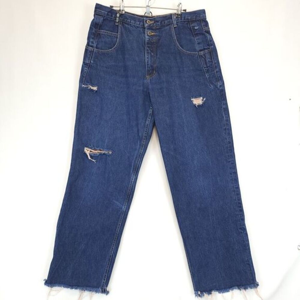Guess Jeans G. J. USA Men 36 x 32 Frayed Hem Distressed Blue Denim Pants Vgt‎